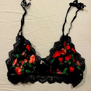 Black Lace Bralette with Red Floral Print